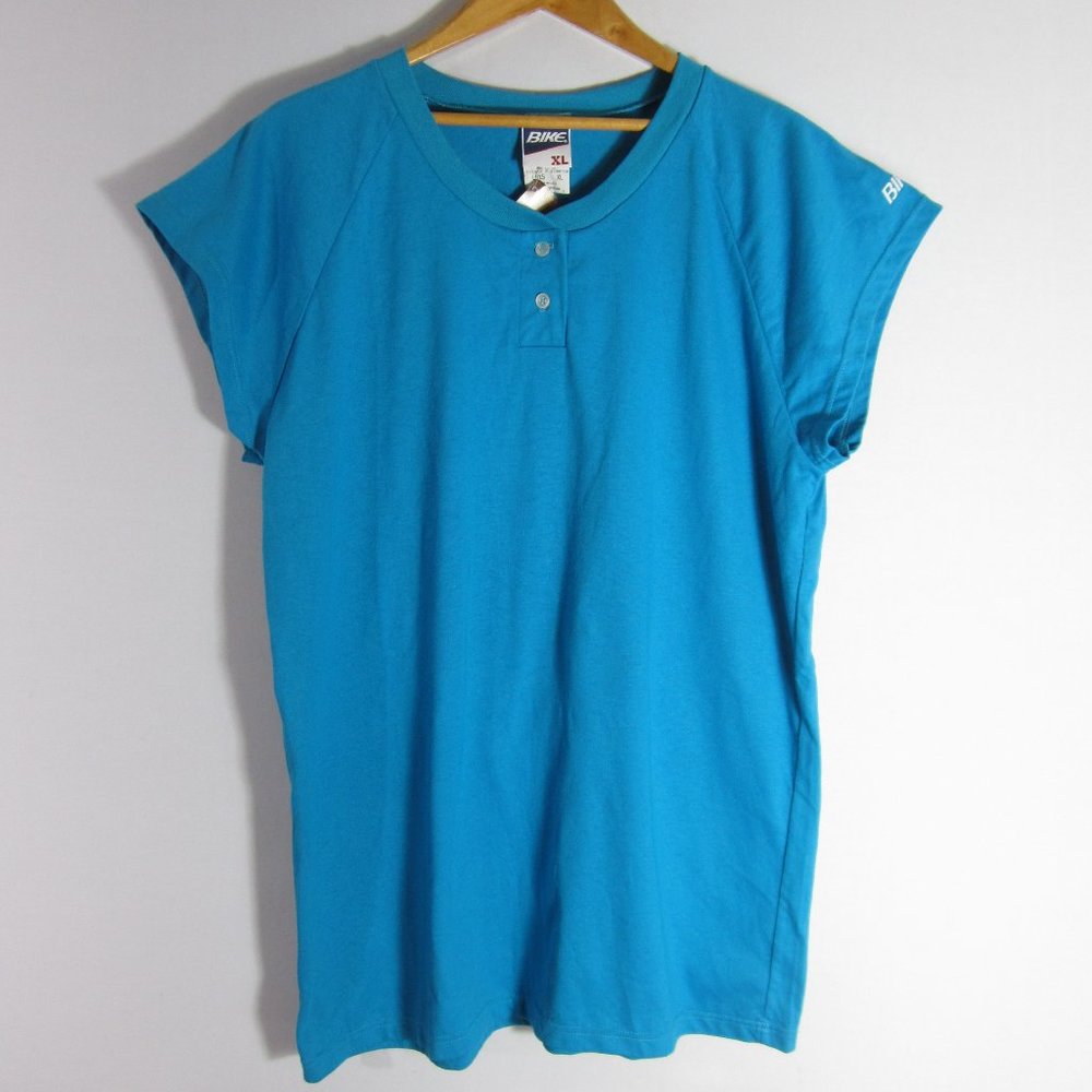 New Vintage Bike Brand Womens XL Teal Blue SS 100% Cotton Henley Shirt USA NWT